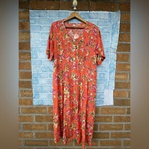 La Cera Button Front Short Sleeve coral floral print Dress  size 1X